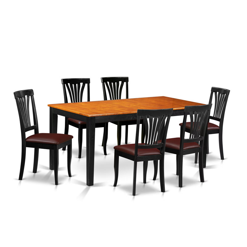 Ensemble de table de salle à manger 7 pièces moderne composé d'une table rectangulaire en bois avec feuille papillon et 6 chaises de salle à manger en similicuir, noir et cerise
