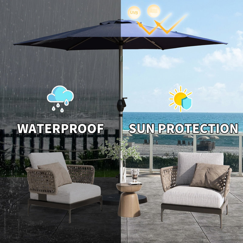 Parasol d'extérieur 7,5 pi avec nervures robustes, matériau imperméable, protection, pour divers cadres extérieurs bleu marine, auvent 180 g, inclinaison à bouton-poussoir, jardin idéal, terrasse, cour, bord de piscine