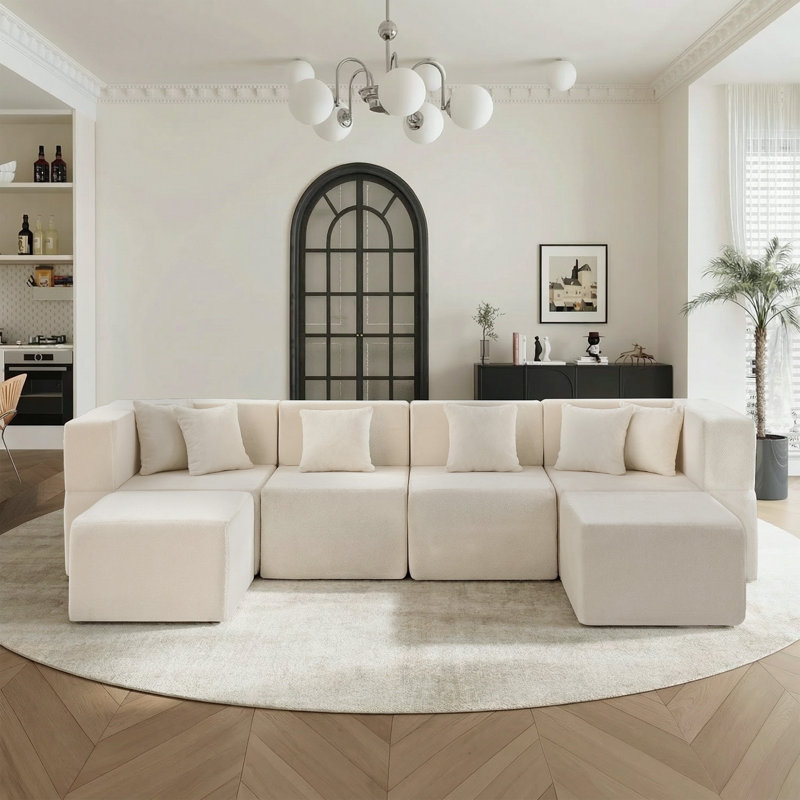 Canapé modulaire de 129 po avec 2 repose-pieds Cloud, Chenille beige