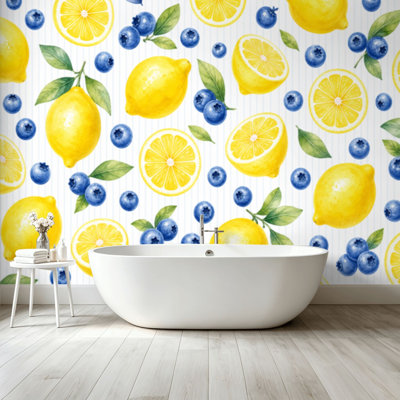 Peel and Stick Wallpaper Wall Mural Lemon Blueberry Watercolor Seamless Fresh Citrus Slices Light Wall Art Self Adhesive and Removable