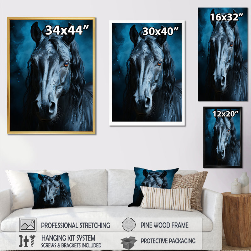 «Blue Horse Vibrant Blue Equine II», reproduction sur toile, Cadre photo noir, H 20 po x l 12 po x P 1 po