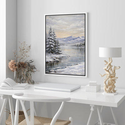 Snowy Mountain Lake Winter Landscape Framed Canvas Master Bedroom Wall Art Work Print