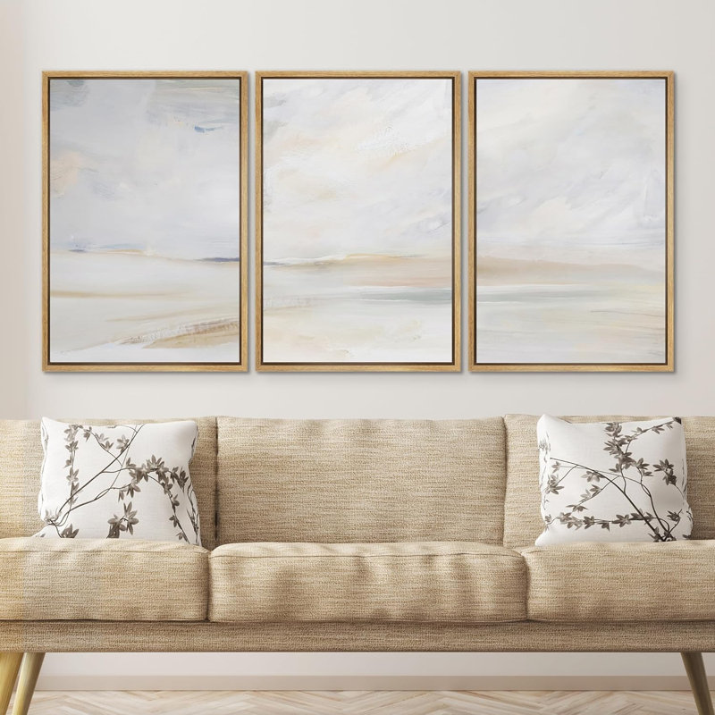 “Minimal Landscape” Mute Abstract Serene Coastal Beach, digital art print on canvas framed 3 pieces, Naturel