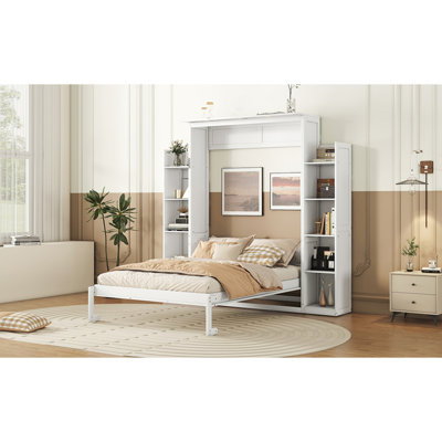 Full Size Murphy Bed Wall Bed with Shelves and LED Lights,White