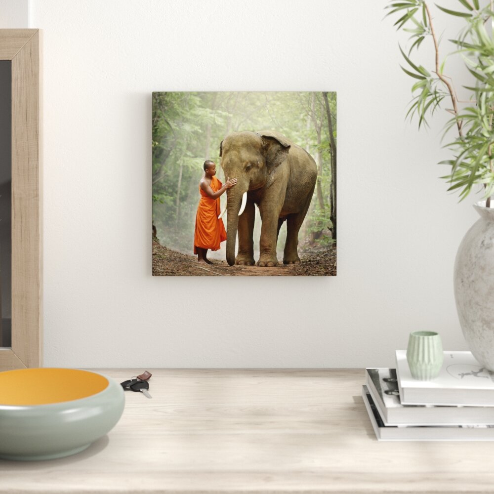 Schöner Elefant mit Mönch Fotodruck auf Leinwand