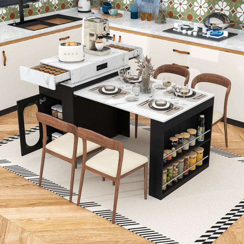 Multi-Functional Extendable Kitchen Island with Wheels, Hidden Storage and Built-In Charging Station, Black