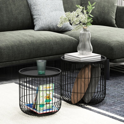 2 Coffee Tables, Round Steel Wired Basket Style, Removable Tops, Living Room Organizer, Black, Space Saving & Functional 21 Nesting Trench, Stacking End Tables For Magnetism, Black