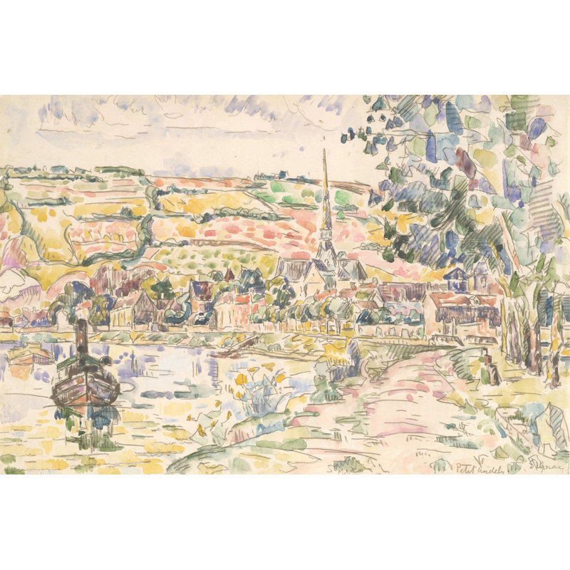 Petit Andely-The River Bank by Paul Signac - Painting on Canvas, 81cm H x 122cm W, Wrapped Canvas