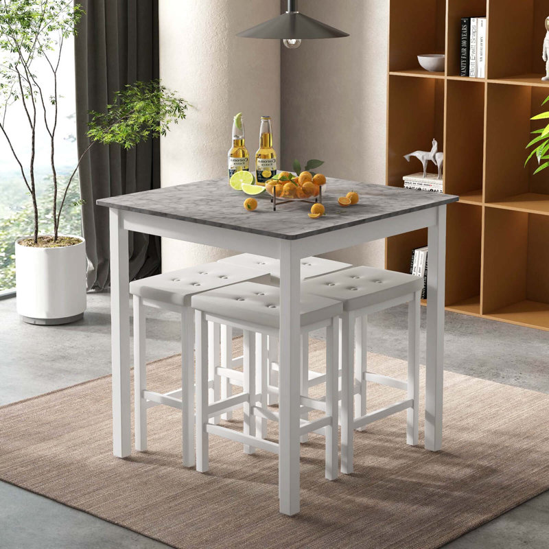 Ebern Designs 5 Pcs Bar Table Set Square Dining Table & 4 Pvc Leather Upholstered Bar Stools, White/Gray