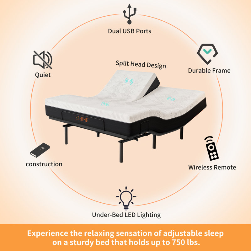 Split Top King Adjustable Bed Frame With 14'' Medium Plush Memory Foam Mattress, Wireless Remote & App Control, Massaging, Under Bed Light, E3100 Urban Grey