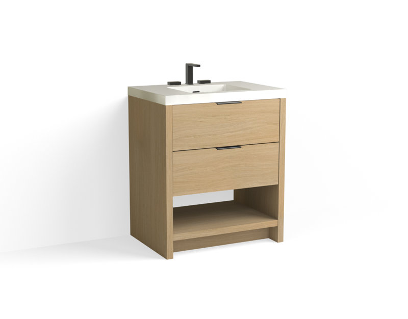 Vue 30" W Freestanding Single Bathroom Vanity, Biondo, Matte White/8" Widespread, Matte Black