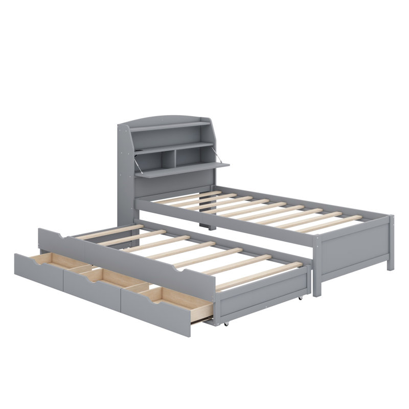 Lit plateforme en bois avec lit gigogne et tête de lit à DEL avec tiroirs, Lit simple, Gris