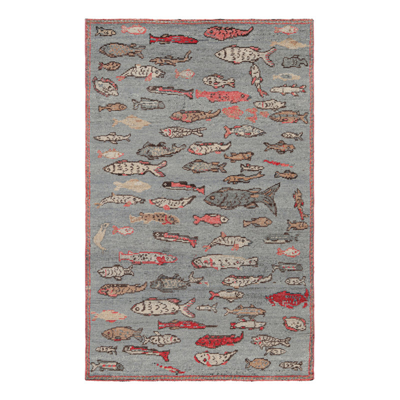 Rug & Kilim’S Mid-Century Style Rug In Blue With Colorful Fish Pictorials, Rectangle 9' x 12'