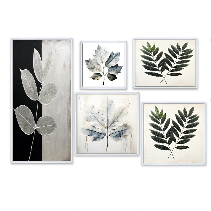 Laisser la silhouette en argent I - feuilles, ensemble de 5 impressions sur toile, Cadre flottant blanc