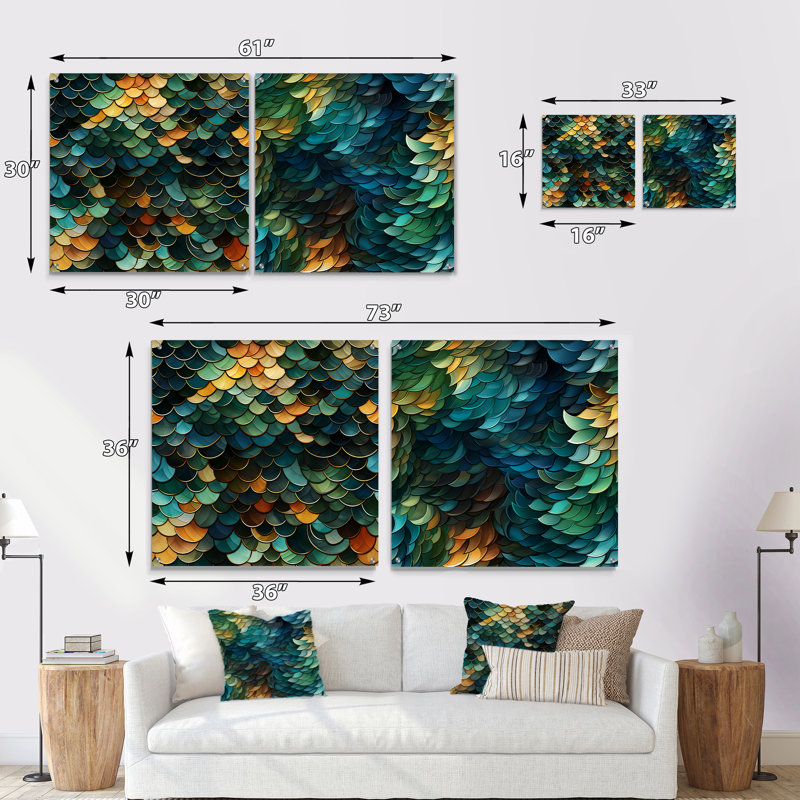Émeraude et bleu mosaïque symphonique - ensemble abstrait d'art mural en acrylique sur verre, H 16 po x l 33 po