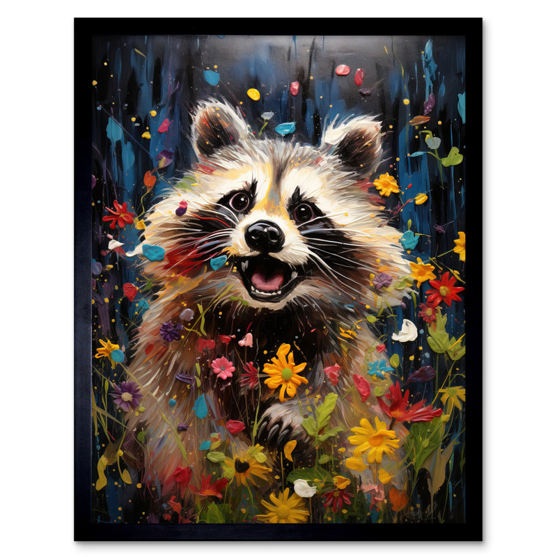 Racoon Romp Playing In A Wildflower Meadow Quirky Portrait - Single Picture Frame Print