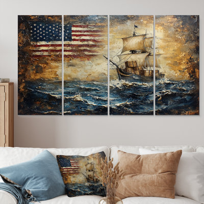 «Boston Tea Party USA Patriotist Sail Boat II», art mural moderne patriotiste américain, 4 pièces