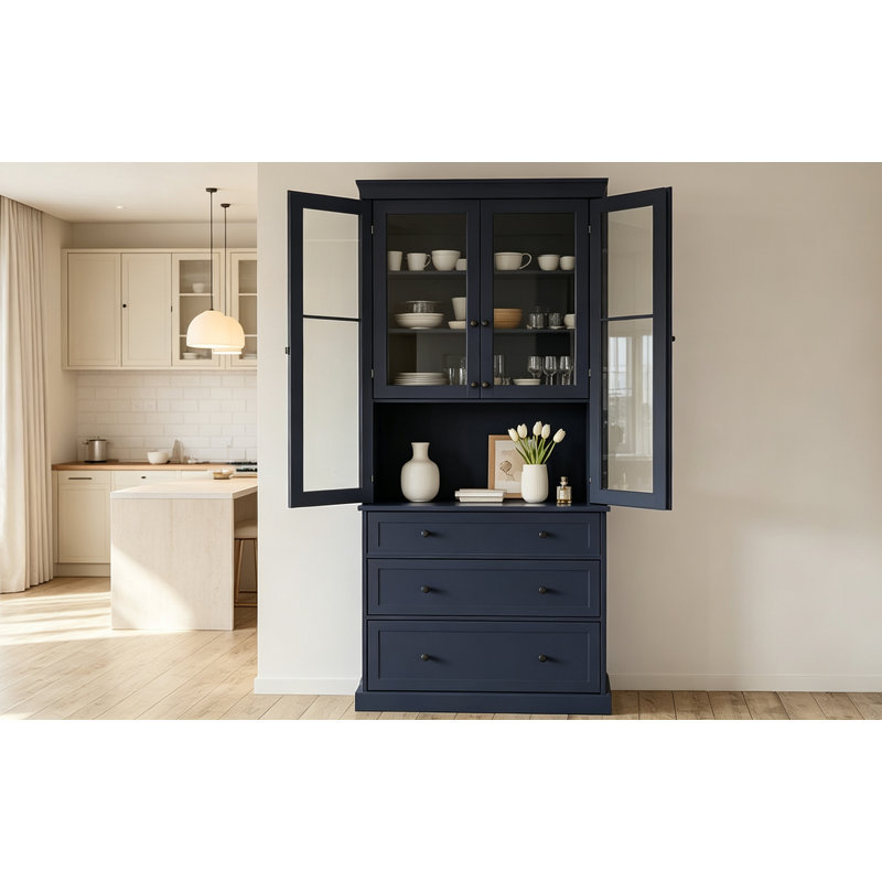 Armoire de cuisine haute de style rustique bleu, 195 cm (77 po), meuble de rangement autoportant avec étagères réglables, 8 portes et 3 tiroirs pour une organisation optimale de la cuisine.