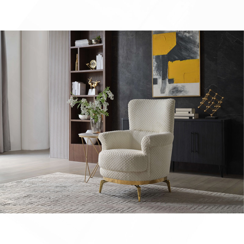 Chaise moderne en bois et accents dorés crème, Chenille crème
