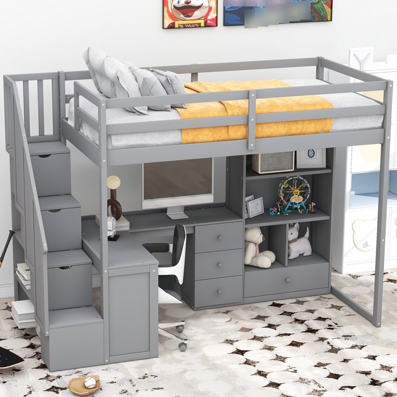 Lit mezzanine simple gris avec bureau en L, tiroirs et armoire d'escalier applaudie, -, Gris