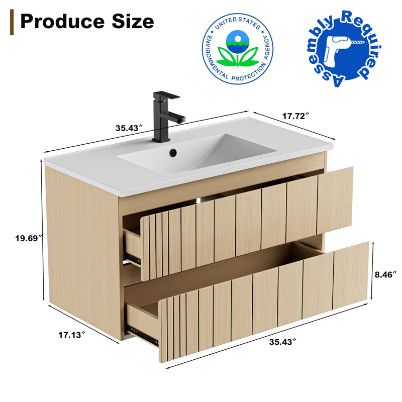 Ensemble de meuble-lavabo mural 36 po avec comptoir, robinet et bonde 36 po, 36"
