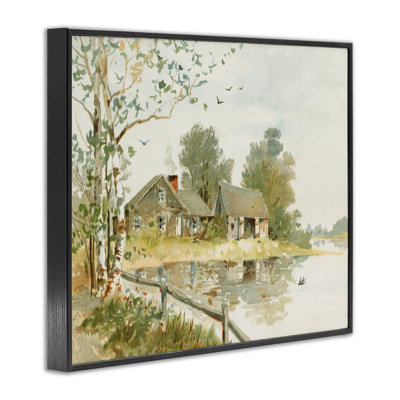 Cabine le long de la rivière, giclée encadrée, design par lettré et doublé