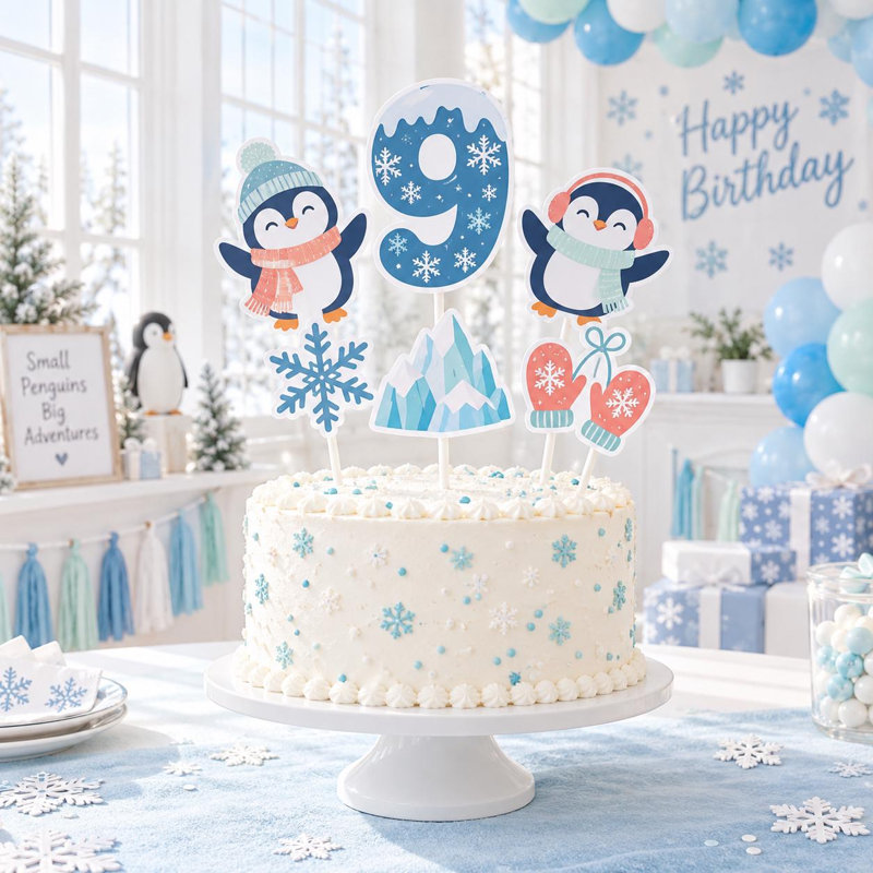 Nine Happy Penguins Cake Topper Set, 6 Piece, 1-9 Birthday Arctic Penguin Decorations (YEARS: THREE), THREE