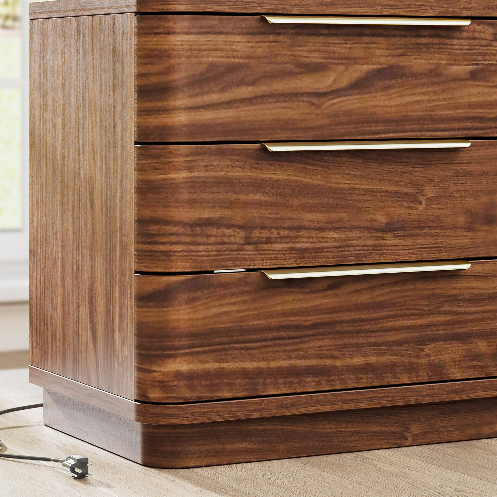 Nightstand With Charging Station, Mid Century Bedside Table With 3 Drawers, Black