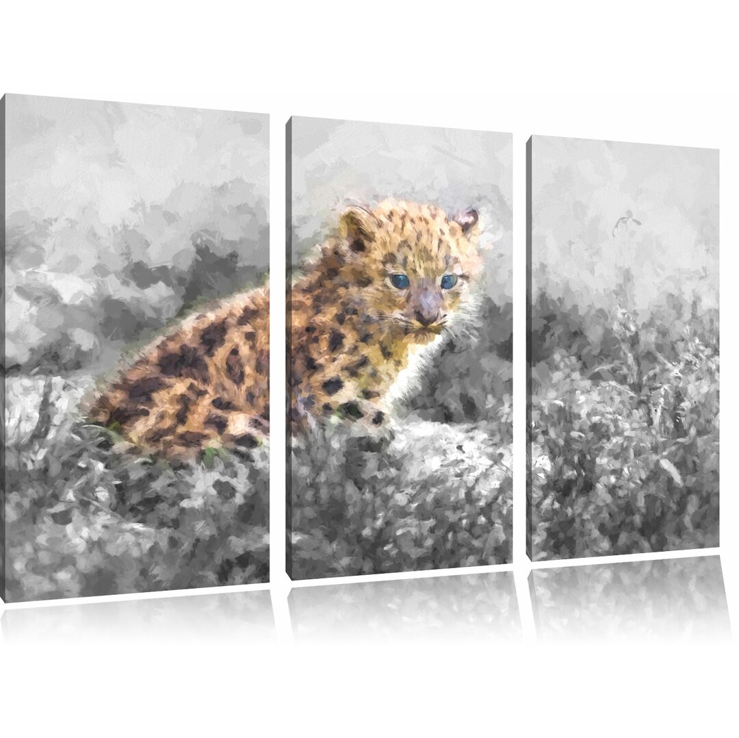 3-tlg. Leinwandbilder-Set „Junger Süßer Leopard im Gras“, Kunstdruck