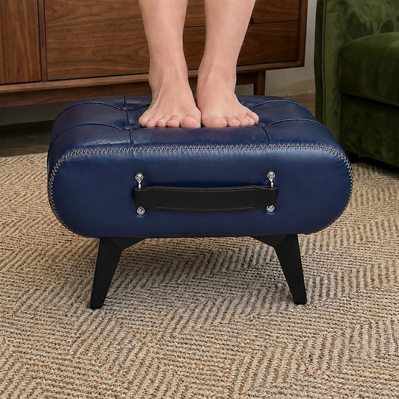 Tabouret de rangement moderne en cuir avec poignées portatives et pieds en métal, Bleu