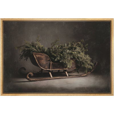 Vintage Wooden Sleigh with Evergreen Pine Winter Farmhouse Christmas Wall Decor Framed Canvas Master Bedroom Wall Art Work Print