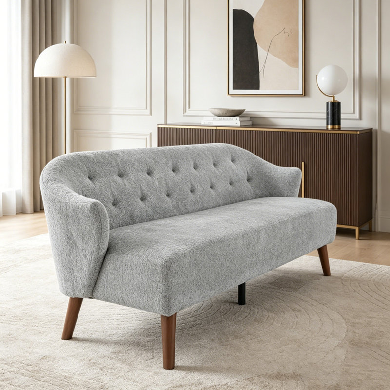 Canapé Mid-Century 3 places avec dossier capitonné et tissu moelleux, LIGHT GREY Fabric