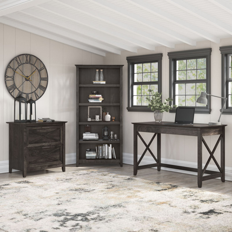 Huckins 3 Piece Writing Desk Office Set with Bookcase, Dark Gray Hickory