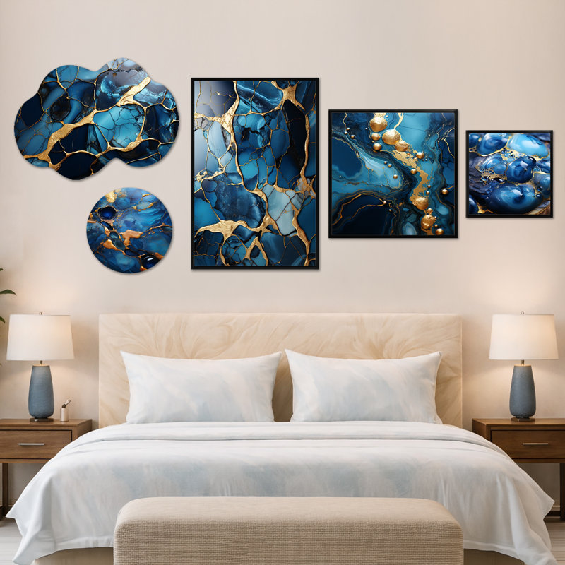 Or et saphir bleu mosaïque de marbre VI - ensemble de 5 reproductions d'art abstrait sur toile, métal et toile (100 po x 40 po)