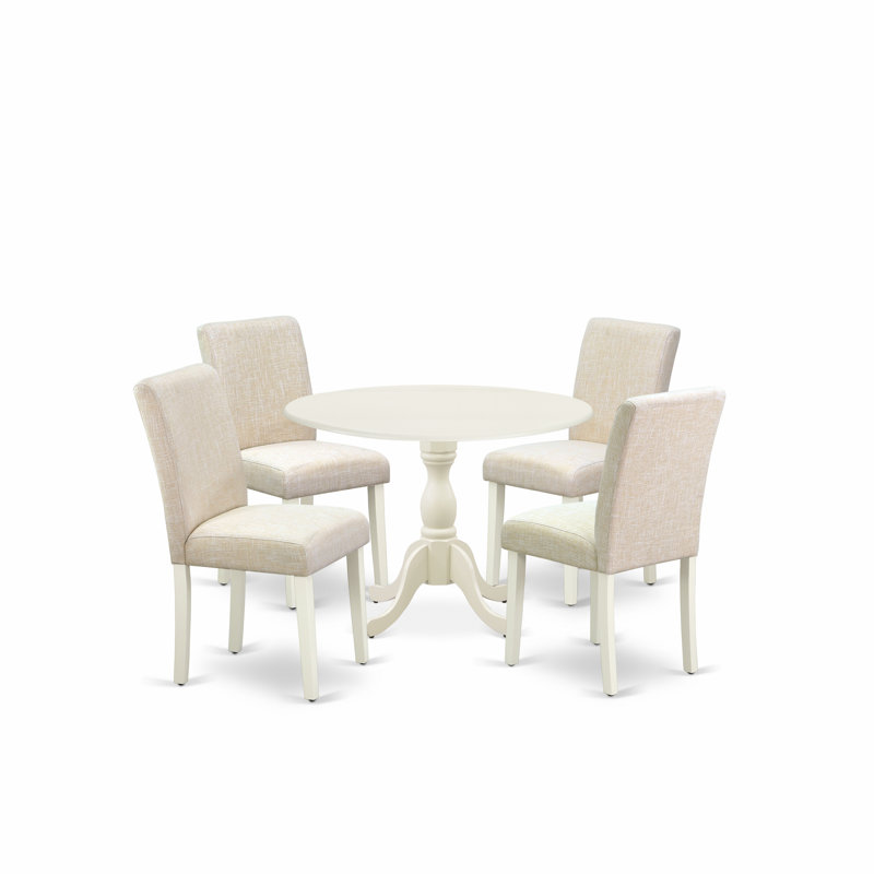 5 Piece Dining Table Set for 4 Includes a Round Kitchen Table with Dropleaf and 4 Light Beige Linen Fabric Parson Dining Chairs, Linen White