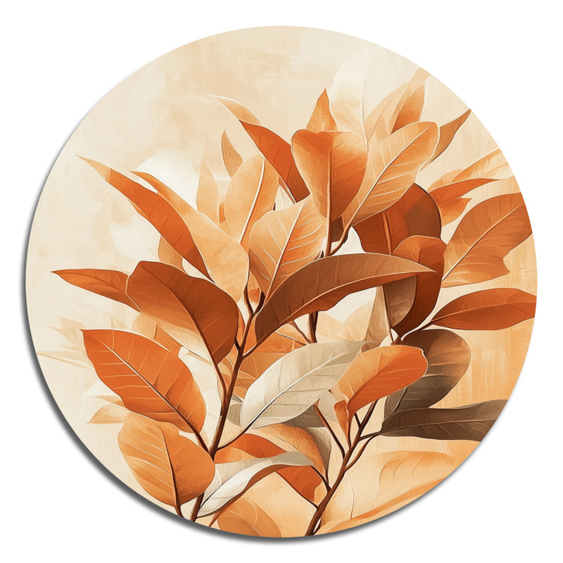 «Terracotta Leaves Layers Of Forest I» - art mural rond en métal sur feuilles, H 16 po x l 16 po