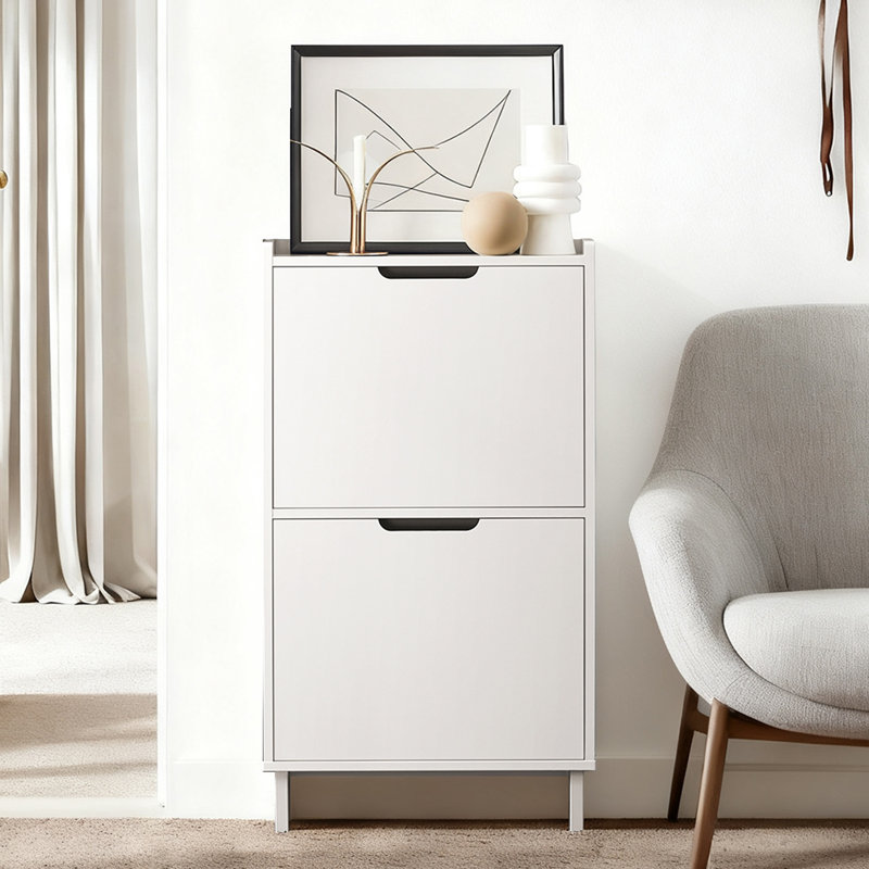 Shoe Cabinet Narrow Entryway 2 Flip-Drawers Shoe Storage Organizer for Small Space,Hallway,Living Room,White,19.7"W x 7.5"D x 35.4"H