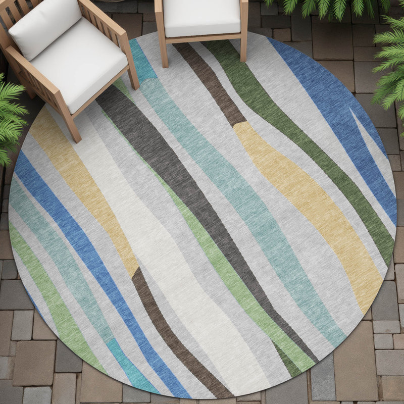 Machine Washable Indoor/Outdoor Husby ACN2188 Striped Rug, Round 8'