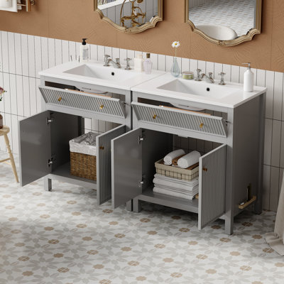 Ensemble de meuble-lavabo simple 60 po avec lavabo en céramique (séparé), ensemble de meuble-lavabo simple autoportant avec portes à fermeture douce, style moderne, gris
