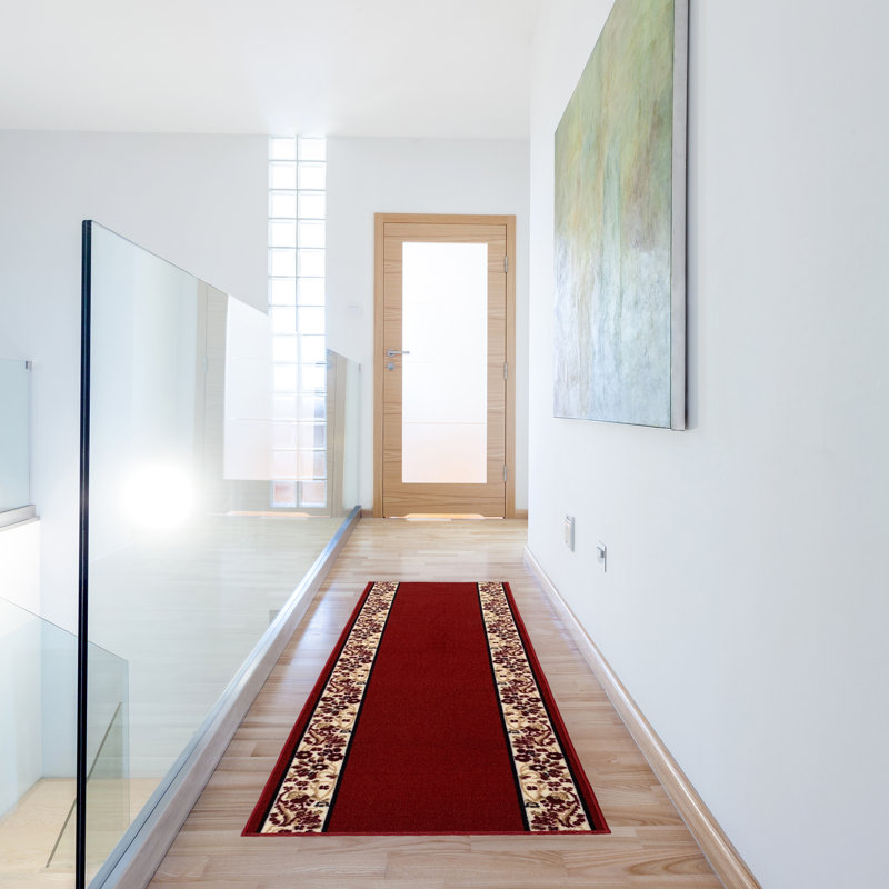 Tapis rouge à motif floral Bristal, Tapis de couloir 2 pi 7 po x 35 pi