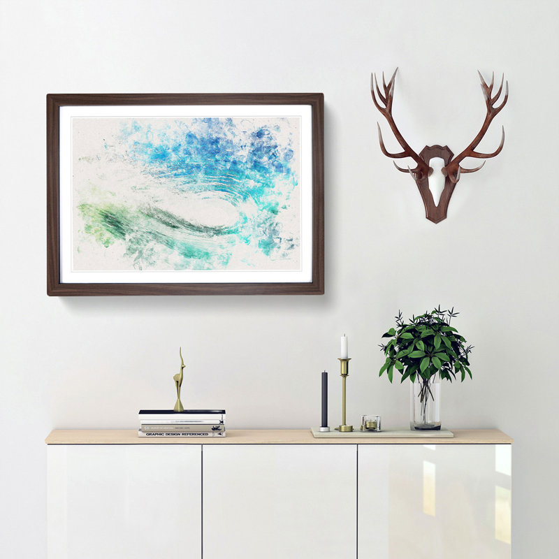 Within The Wave In Blue & Green Watercolour - Picture Frame Graphic Art, Walnut, 62cm H x 87cm W x 2cm D