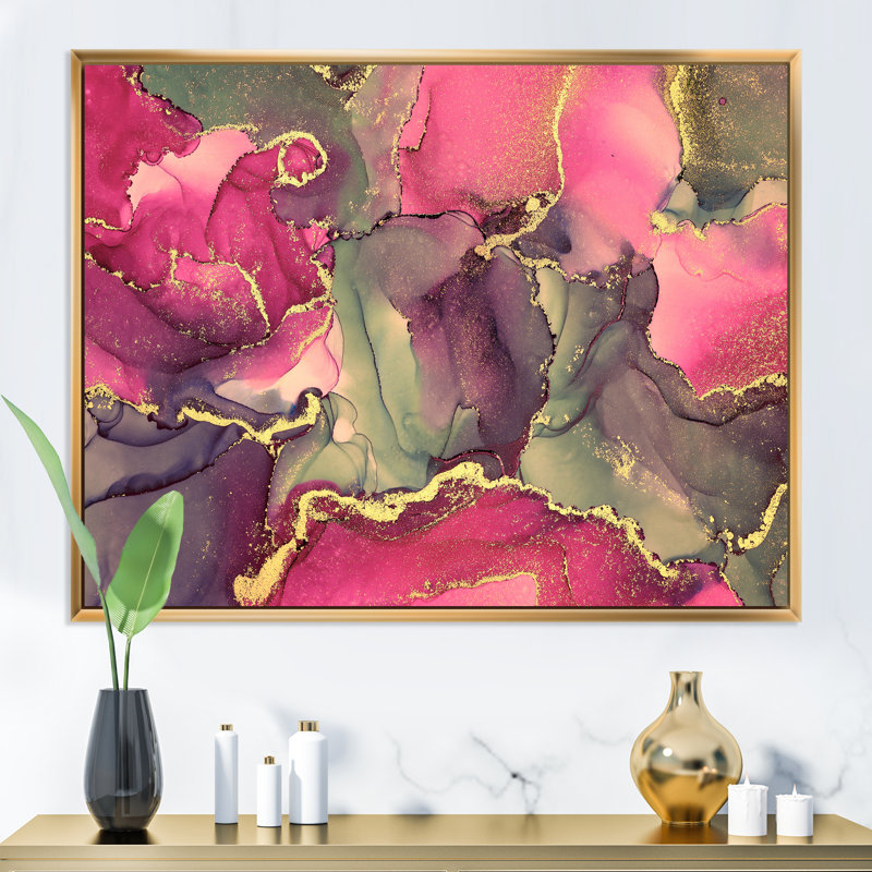 Rose et noir luxueux, art fluide abstrait - peinture sur toile, H 34 po x l 44 po, Cadre flottant doré
