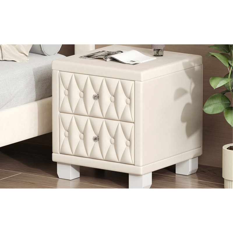 Séduisant, beige, rangement de chevet en velours, 2 tiroirs, cristal orné, motif de boutons, structure élégante, poignées à boutons,