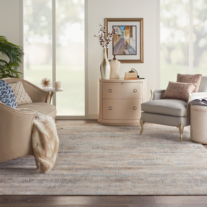 Abstract Area Rug in Beige/Blue, Rectangle 4' x 6'