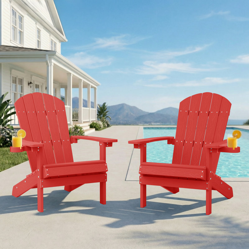 Outdoor Adirondack Chair set of 2 with Cup Holder All-Weather HIPS Patio Chairs for Lawn, Garden, Fire Pit, Backyard, Red