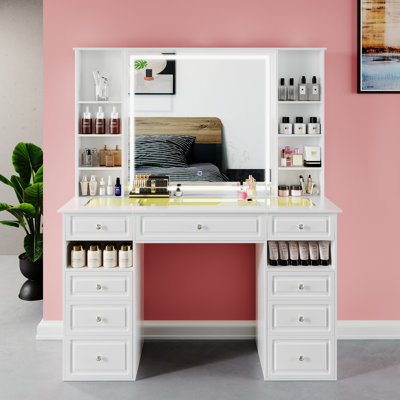 Vanity Set With Extra Large Lighted Mirror, Top Dressing Table With 9 Drawers, Makeup Vanity, European Style Vanity, Adjustable Brightness Vanity For by Latitude Run