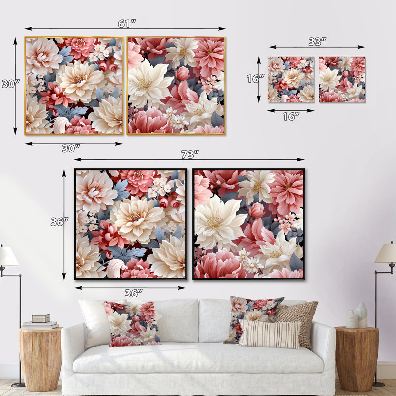 Hudgens - Ensemble de 2 collages floraux carrés, H 16 po x l 33 po, Cadre flottant blanc