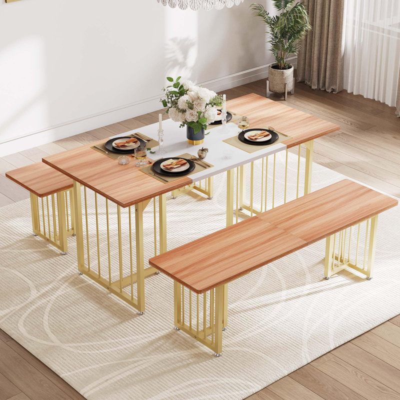 Ensemble de table de salle à manger 63 pouces pour 6 à 8 personnes 6 pièces avec 2 bancs et 4 chaises
