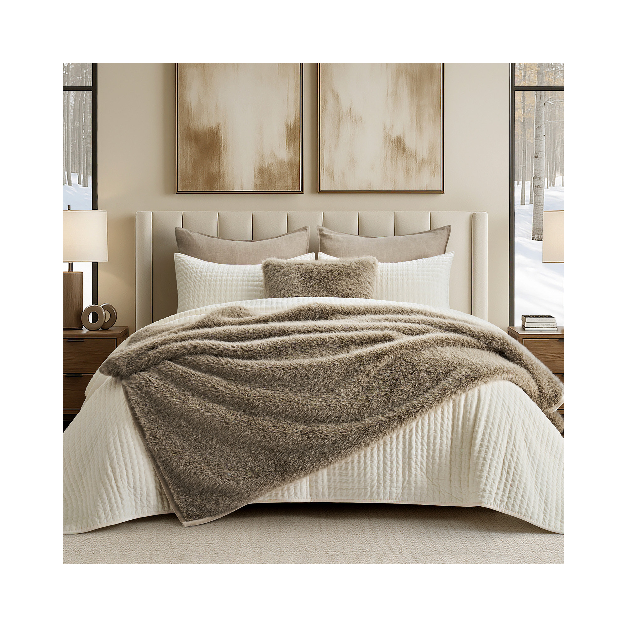 Luxe Faux Fur Throw Blanket, Natural Mink, Throw