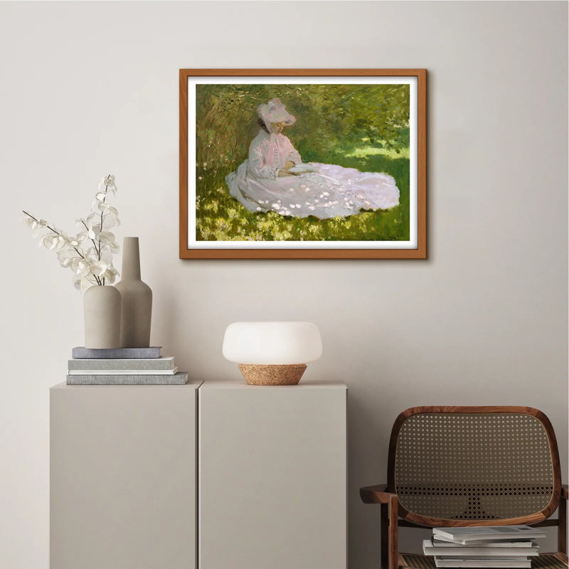 «Garden Lady», art mural de style impressionniste, peinture encadrée d'une femme lisant au printemps, H 8 po x l 10 po